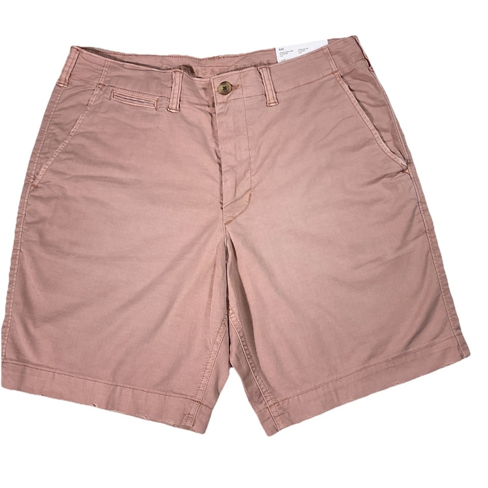 American Eagle Lived In Khaki Shorts Mens 33 Pink Salmon Stretch Distressed Hem